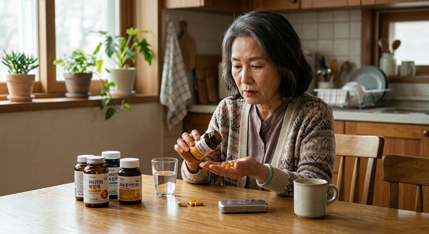 식사 후 비타민 보충제를 확인하는 손과 물컵 이미지