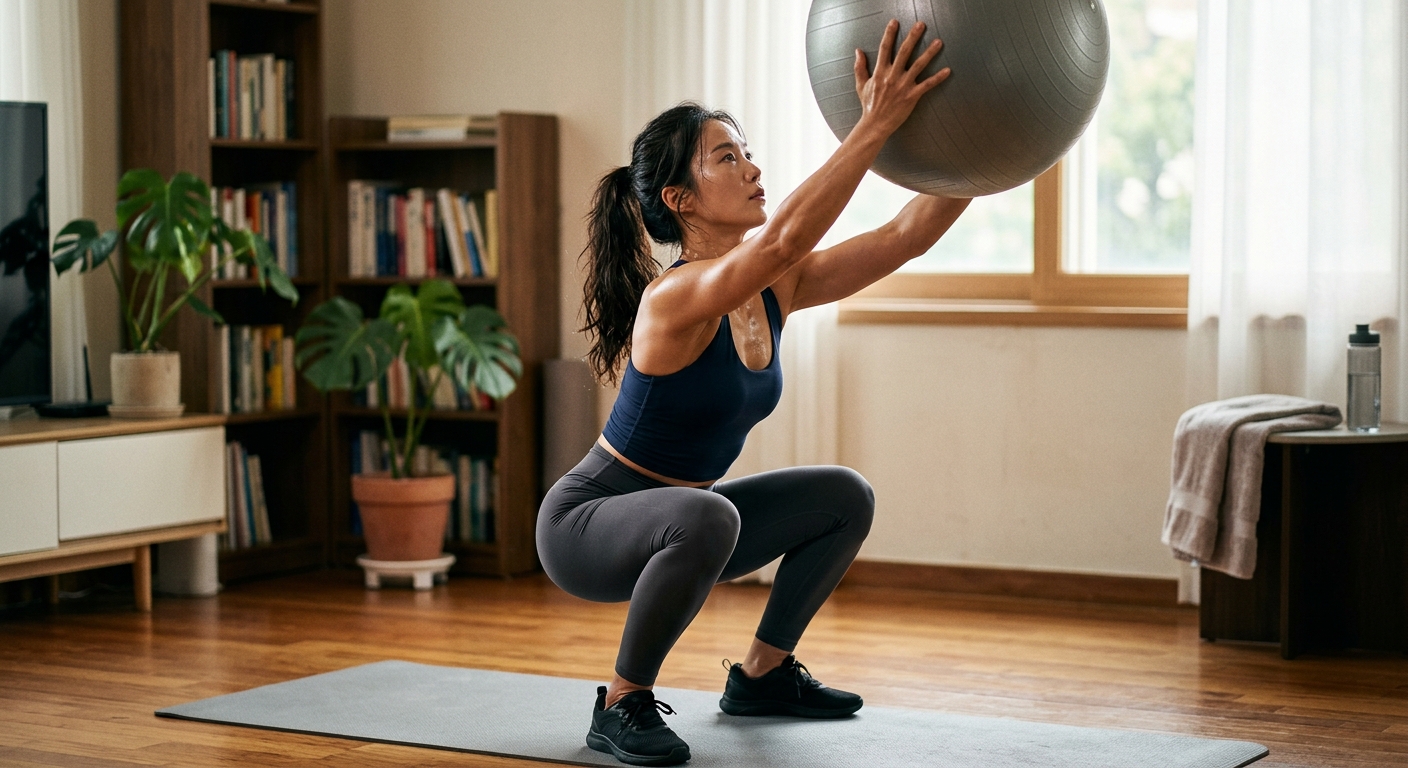 짐볼을 들고 스쿼트 후 오버헤드 리프트를 수행하는 사람의 모습