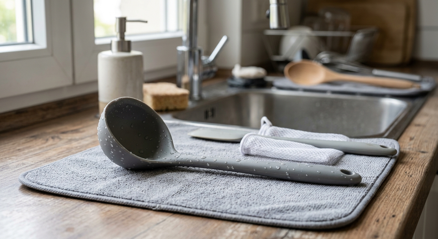 깨끗해진 실리콘 국자를 마른 천으로 닦은 뒤 걸어 건조하는 모습