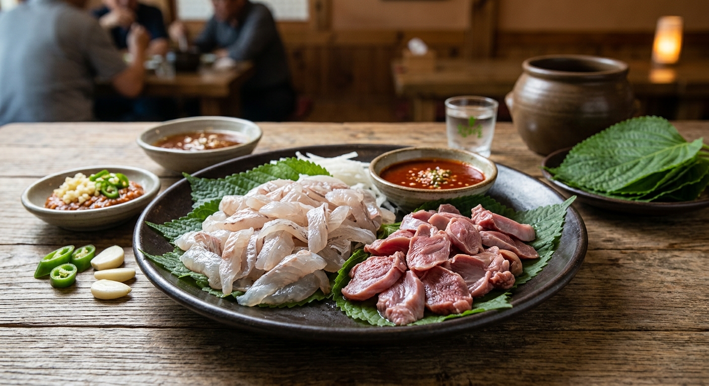 숭어의 위와 특수부위가 소금기름장과 함께 놓인 모습