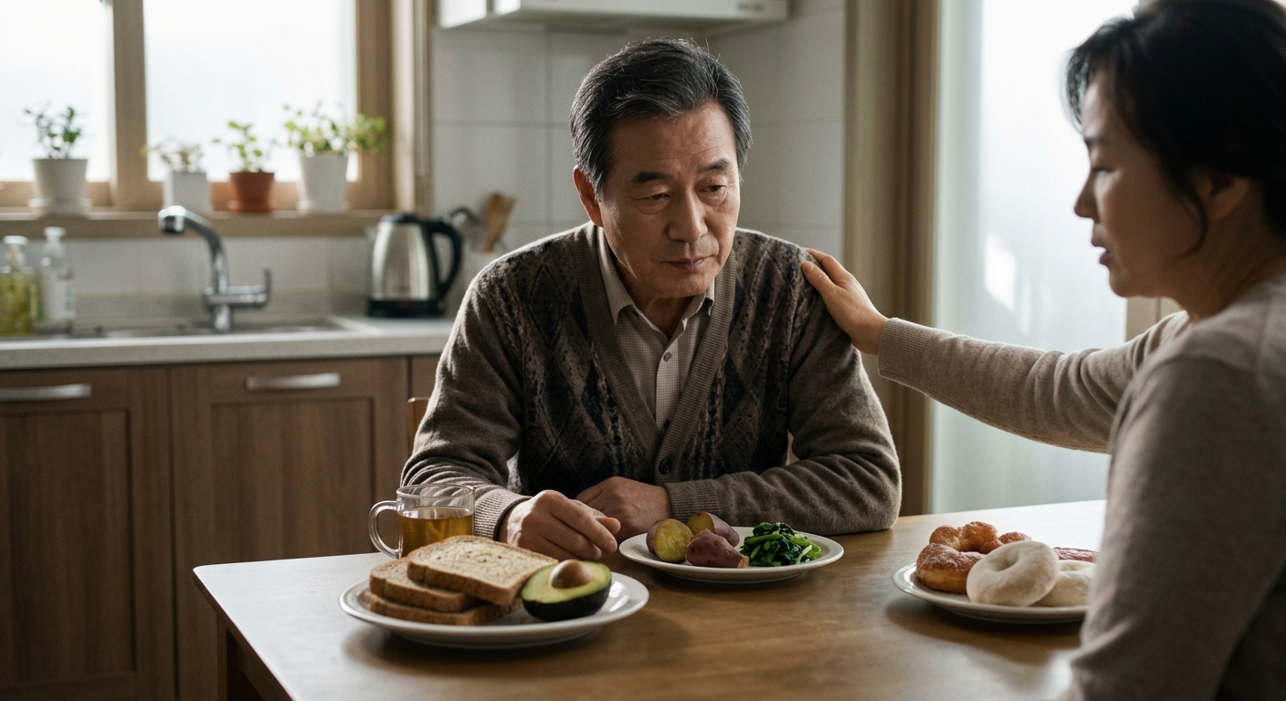 채소, 생선, 달걀, 견과류 중심의 균형 잡힌 식단 구성 이미지