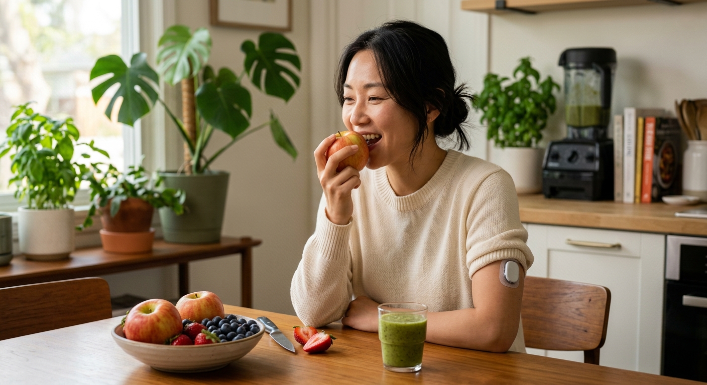 사과와 베리류 같은 통과일이 접시에 담겨 있는 건강한 간식 장면