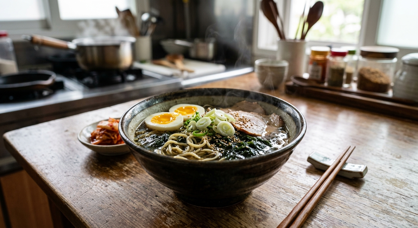 매생이 라면을 건더기부터 천천히 먹는 건강한 식사 장면