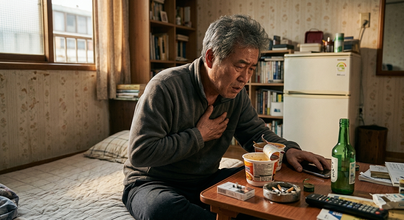 짜고 기름진 음식과 운동화가 함께 놓인 심혈관 건강 비교 이미지