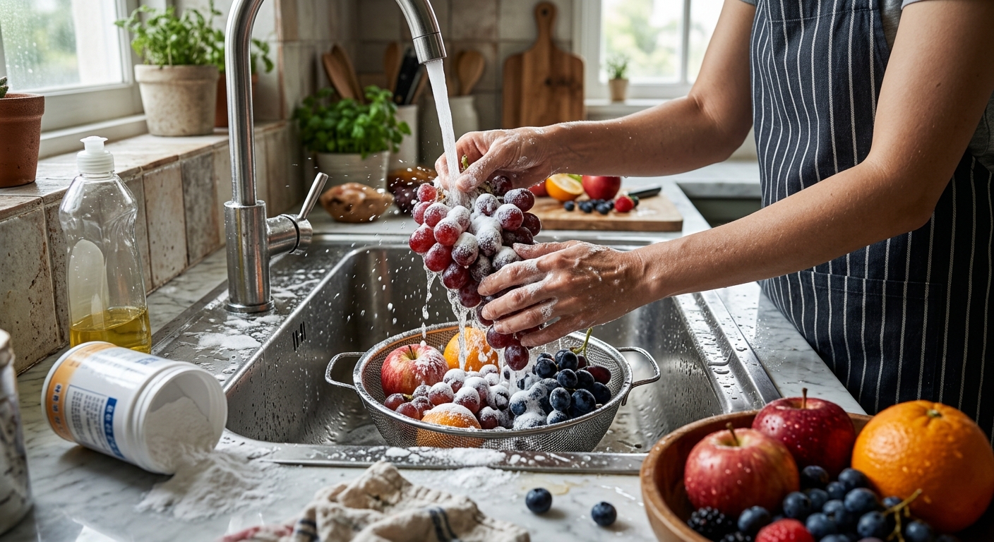 세척제와 과일이 함께 놓여 있어 잘못된 세척 습관을 경고하는 이미지