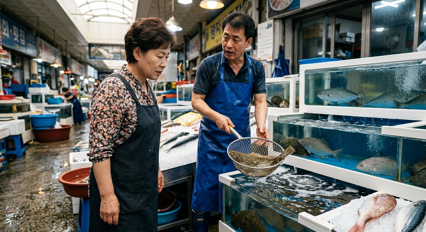 횟집에서 생선 상태를 꼼꼼히 살피는 손님의 모습