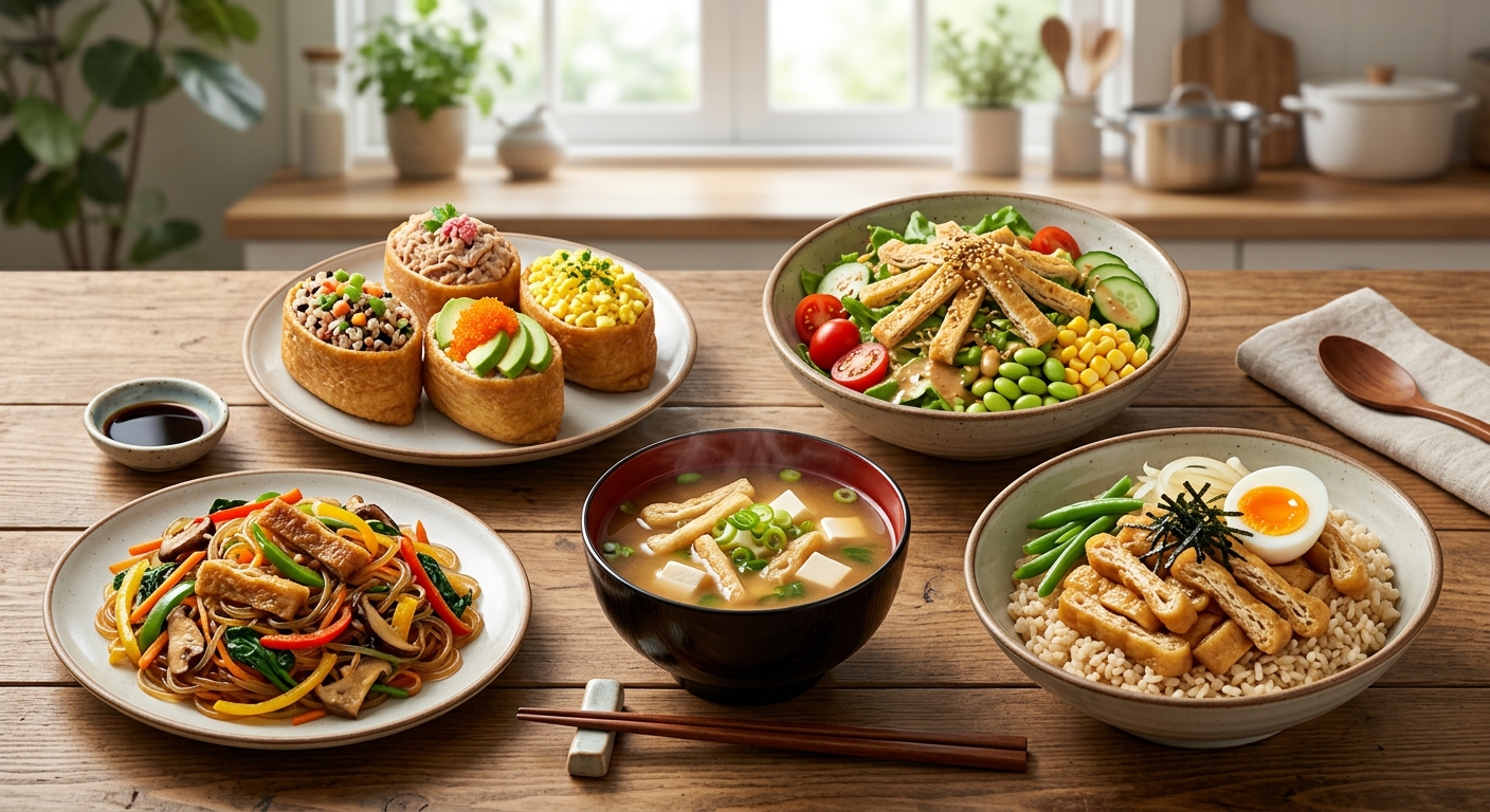 국, 볶음, 샐러드 등 여러 방식으로 활용된 유부 요리 이미지