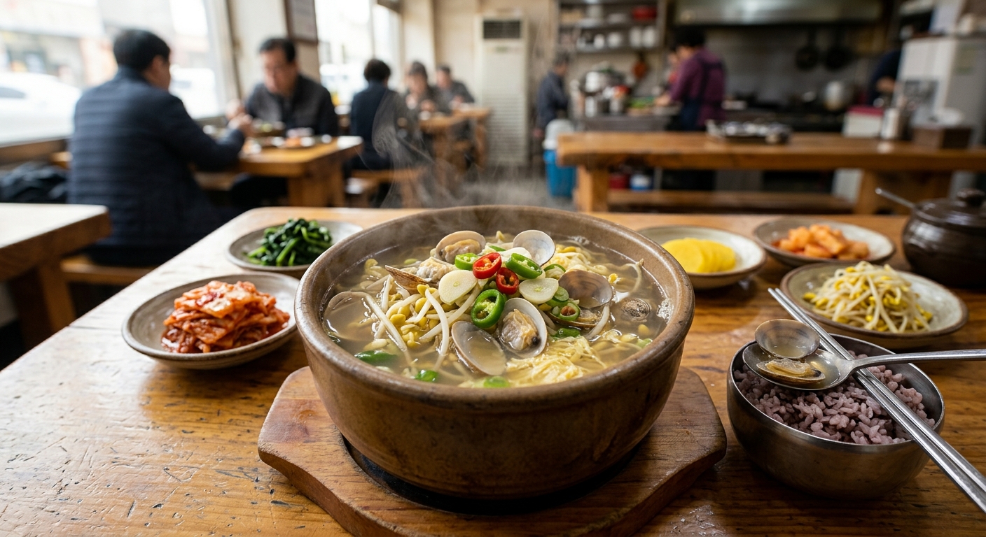 밥과 함께 차려낸 맑은 바지락 콩나물국 한 상