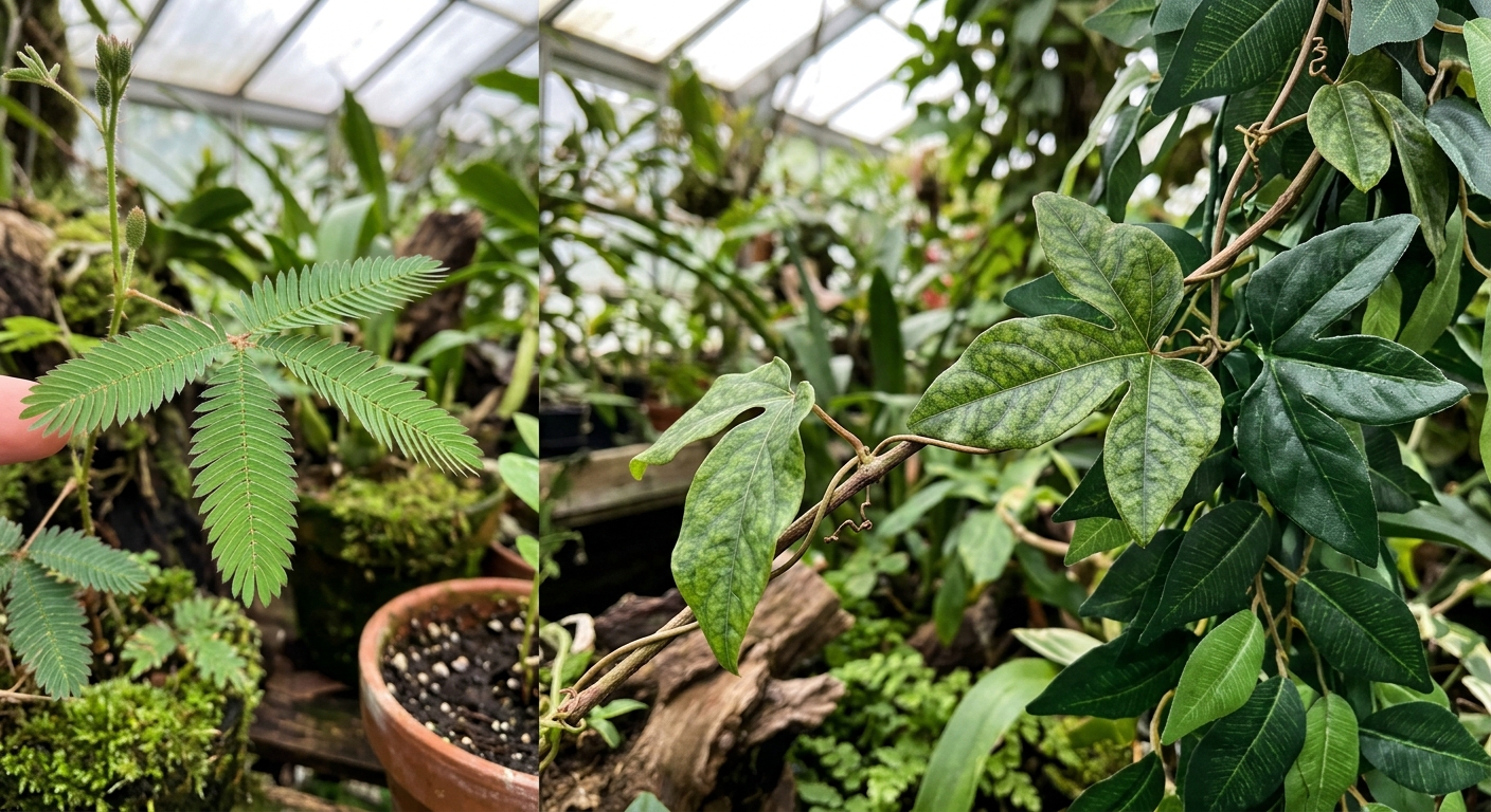 자극에 따라 잎을 오므리는 미모사 식물의 근접 모습