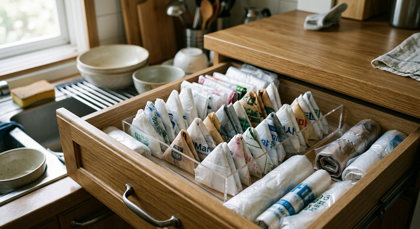 싱크대 수납함에 비닐봉지를 용도별로 접어 보관한 정리 장면