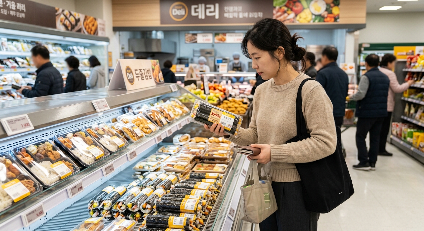 대형마트 델리 상품의 가격표와 구성 정보를 꼼꼼히 살펴보는 소비자