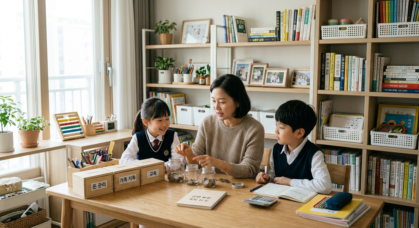 가족이 함께 물건과 소지품을 정리하며 생활 규칙을 배우는 모습