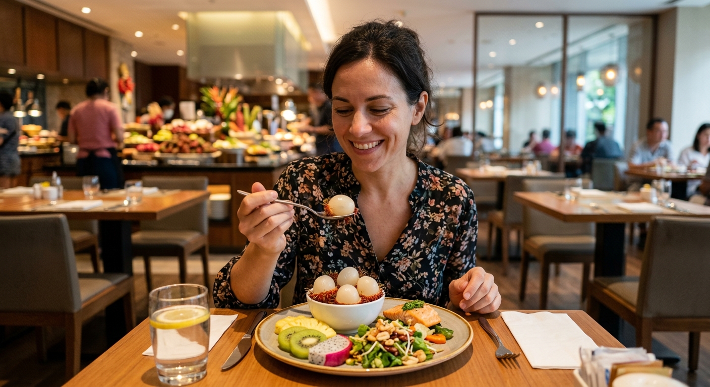 과일 디저트 중심으로 깔끔하게 마무리된 뷔페 식사 장면
