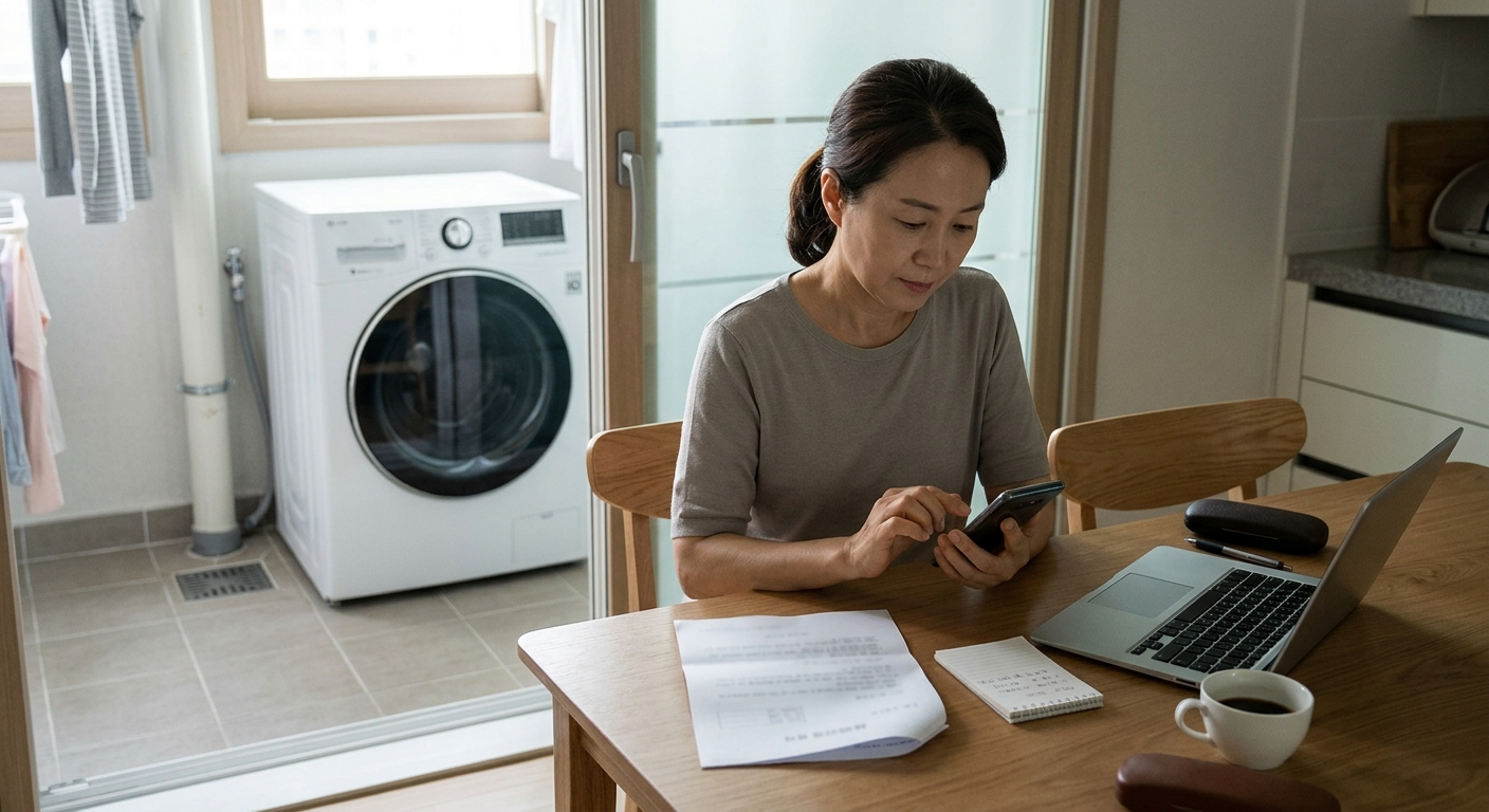 세탁기 배수 관련 과태료를 받고 서류를 검토하는 장면