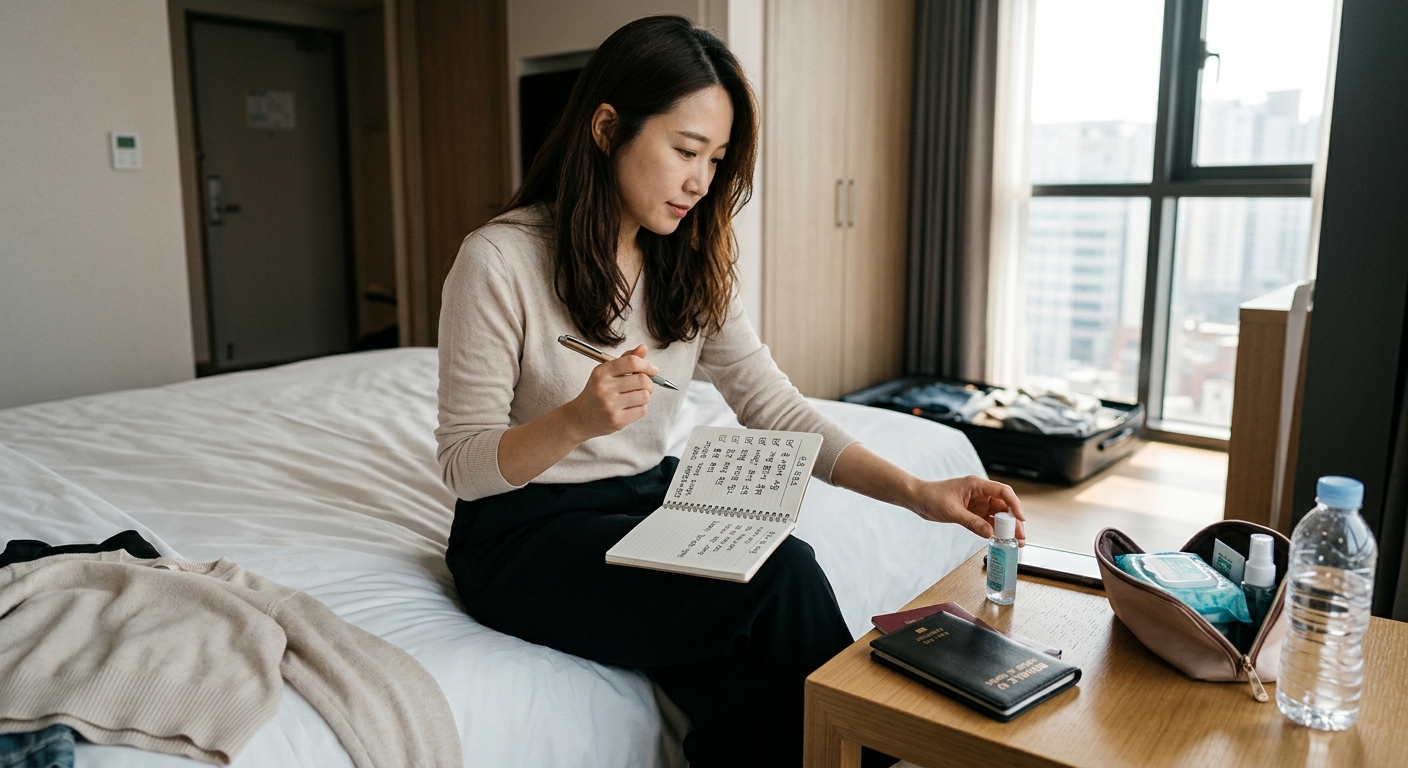 손 소독제와 소독 티슈, 여권, 휴대전화를 정리한 여행 위생 준비물