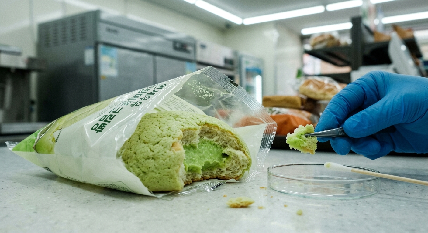 편의점 디저트 진열대 앞에서 제품 정보를 살펴보는 소비자의 모습