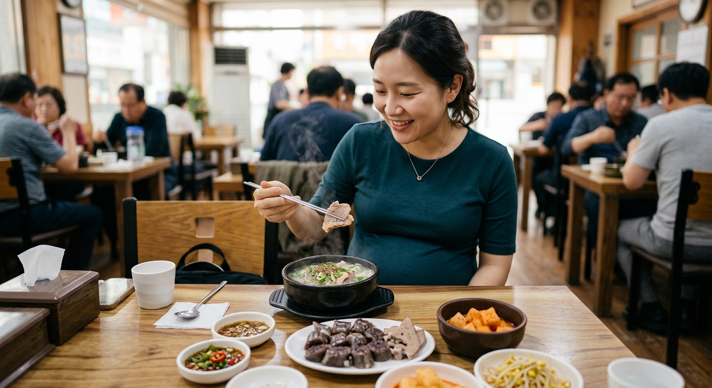 외식 메뉴를 보며 채소 중심 식사를 고르는 임산부