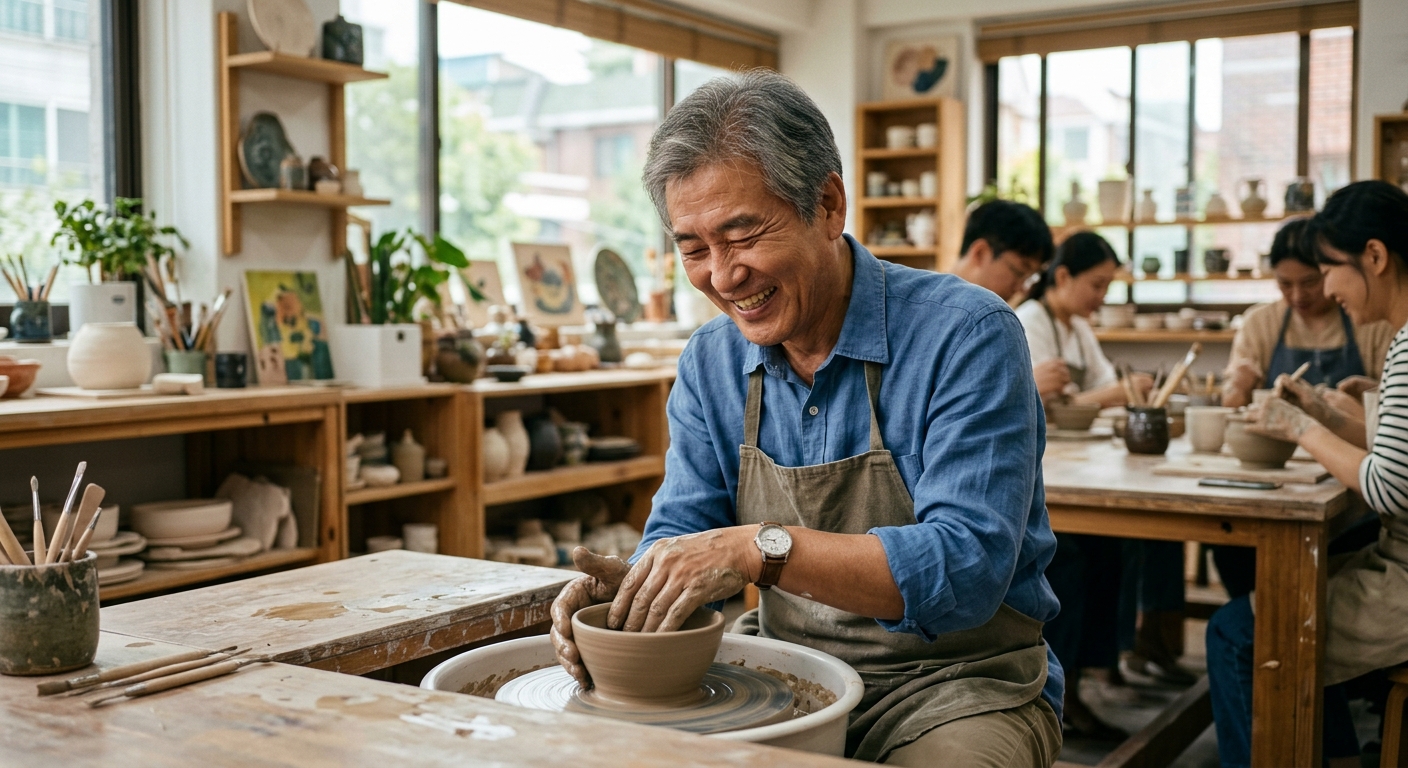 노트에 일상을 기록하며 미소 짓는 중장년층의 모습
