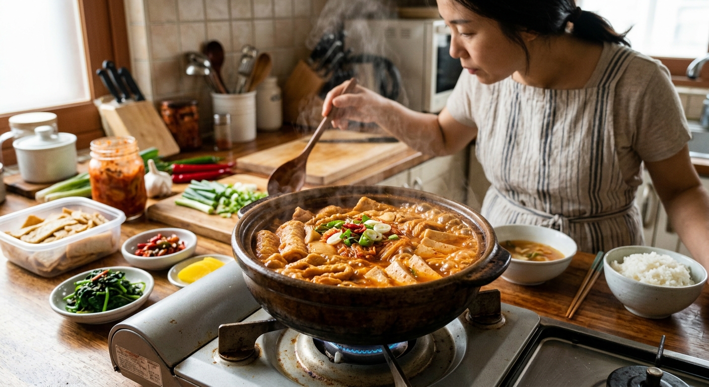 돼지고기 대신 어묵으로 가볍고 깊은 맛을 낸 김치찌개