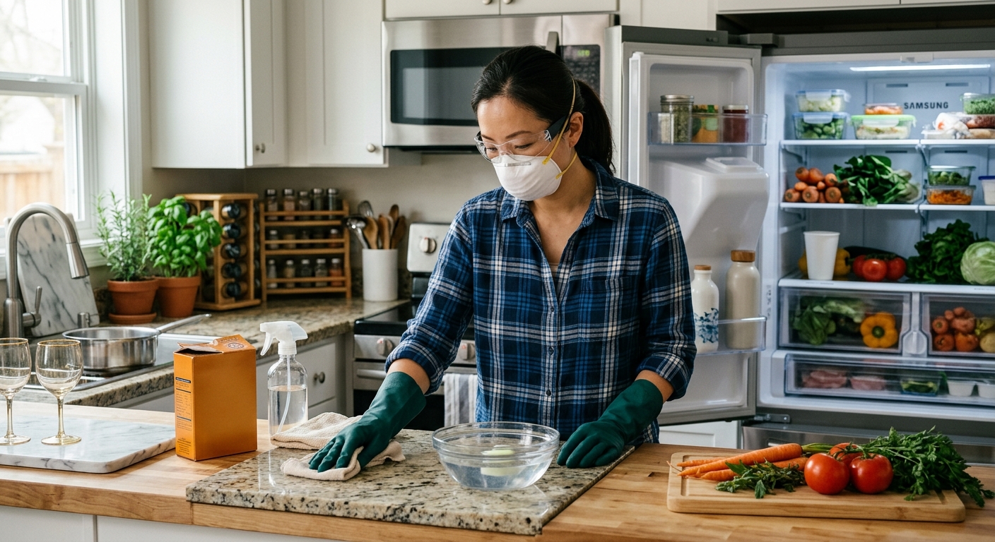 고무장갑을 낀 손이 베이킹소다를 사용하며 주의해야 할 표면을 확인하는 모습