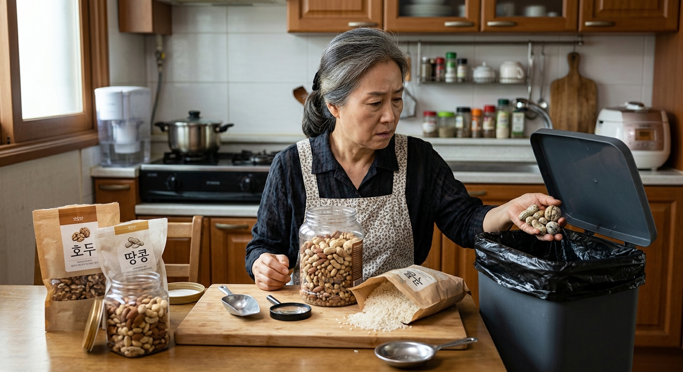 주방에서 오래된 식재료를 정리해 버리는 모습