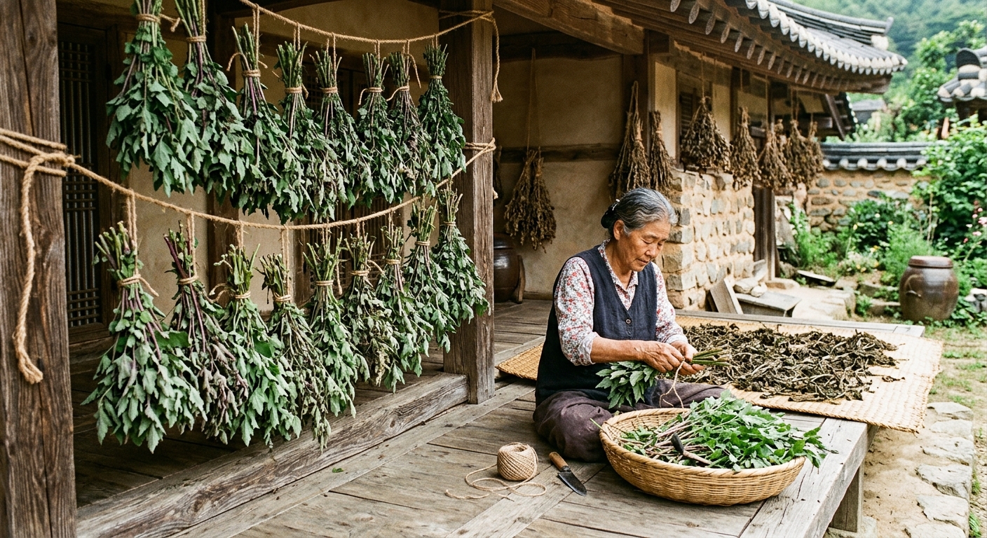 건조한 명아주를 불려 묵나물로 조리하는 모습