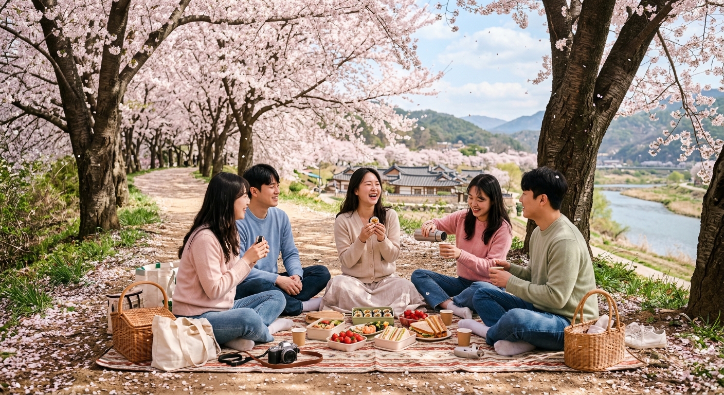 벚꽃길 근처에서 봄철 맛집과 피크닉을 함께 즐기는 여행 장면