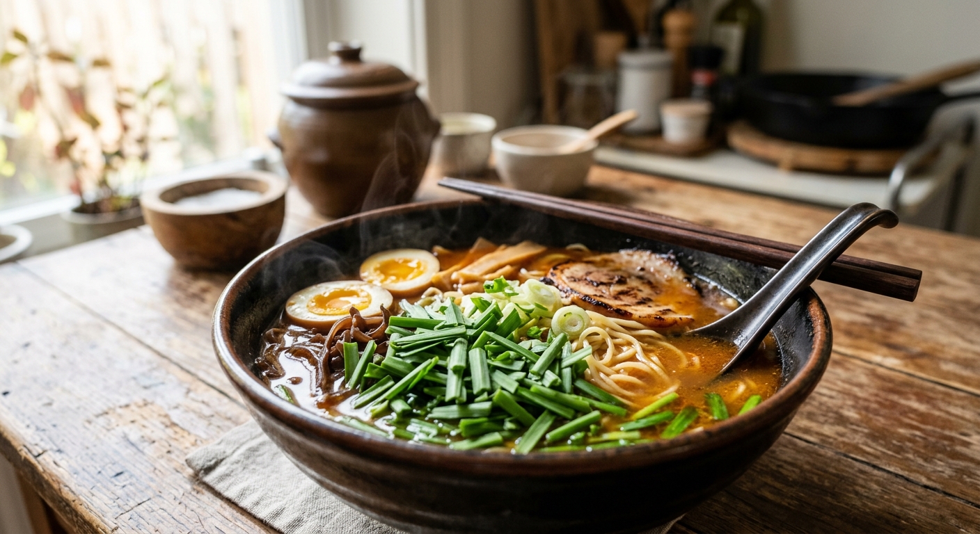 라면 조리 중 부추 양과 타이밍을 조절하는 모습