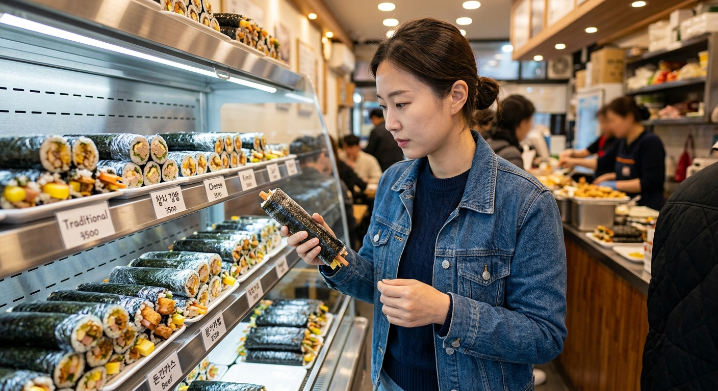 매대에 진열된 여러 종류의 김밥을 고르는 손의 모습