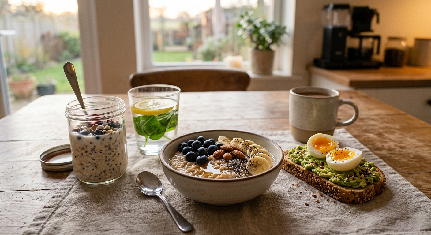 소분된 보리밥, 삶은 고구마, 오트밀 재료가 준비된 아침 식사 준비 장면