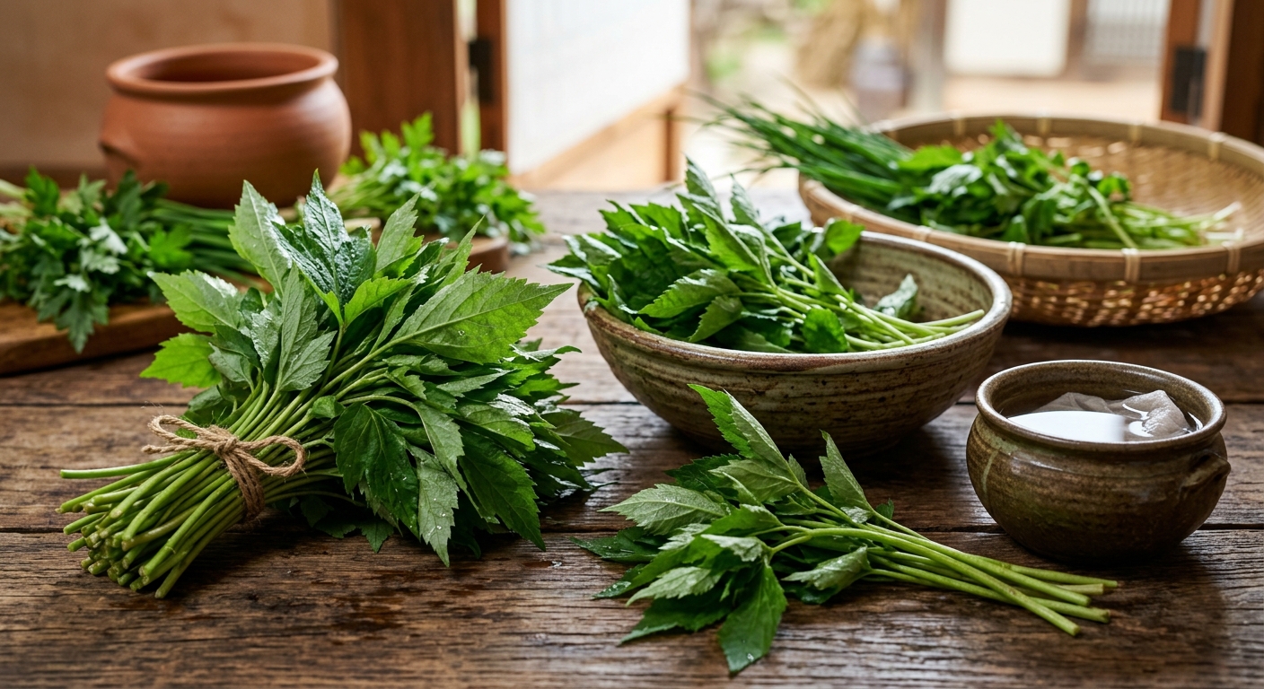 신선한 참취나물의 잎 색과 줄기 상태를 확인하는 모습
