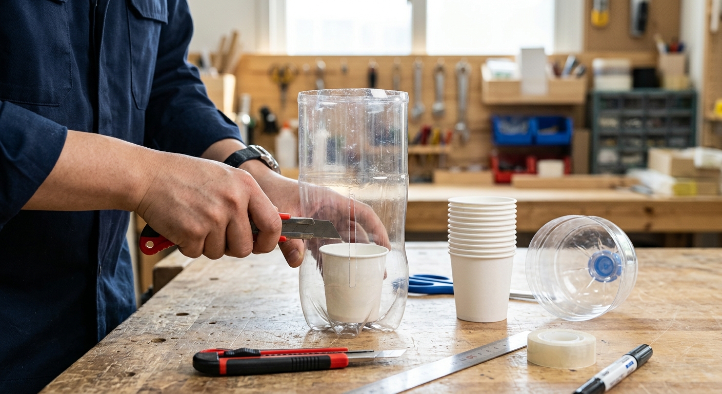 종이컵을 넣어보며 페트병 디스펜서 입구 크기를 조정하는 손의 모습