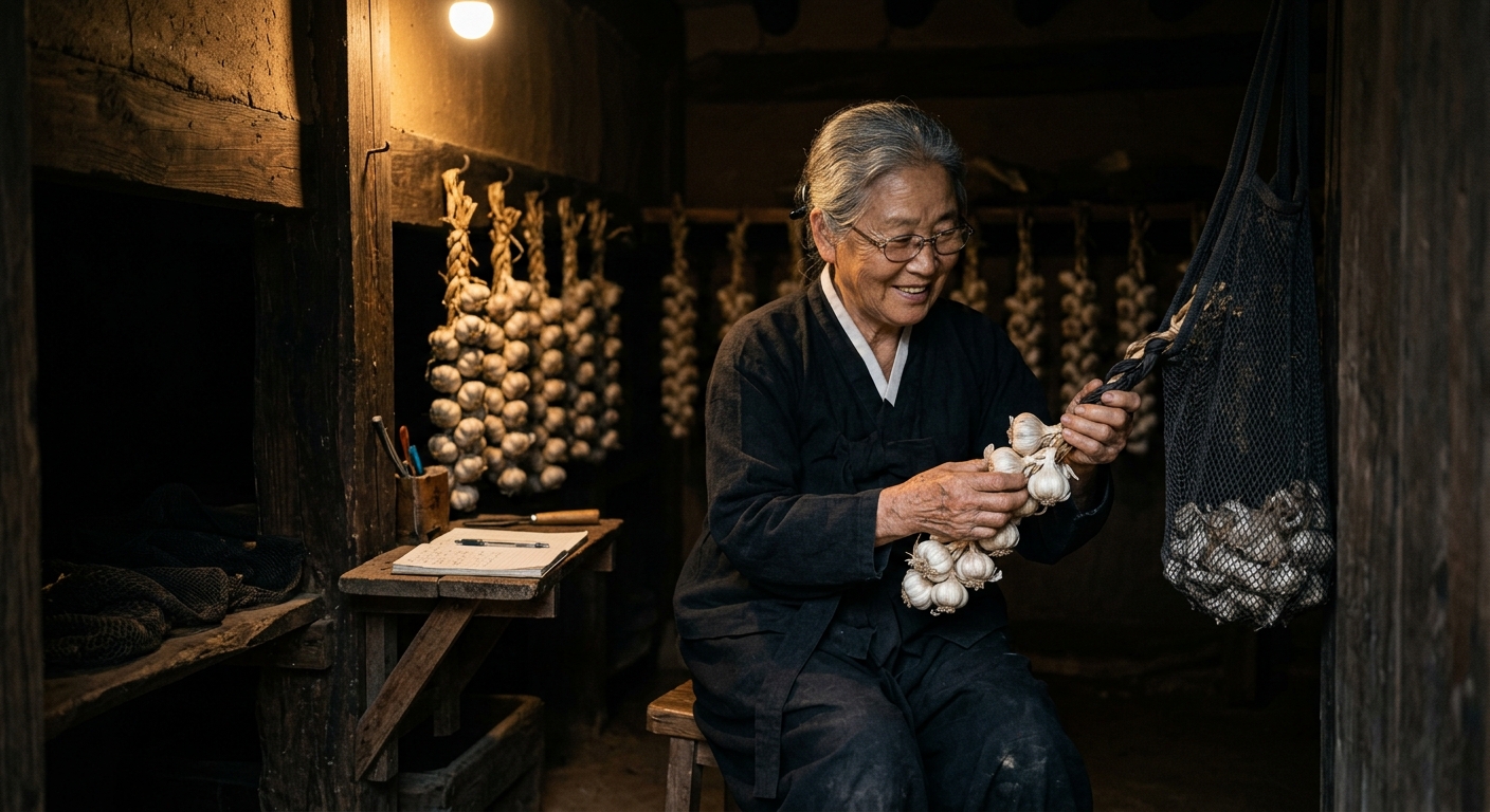 보관 중인 마늘을 하나씩 확인하며 상태를 점검하는 손의 모습