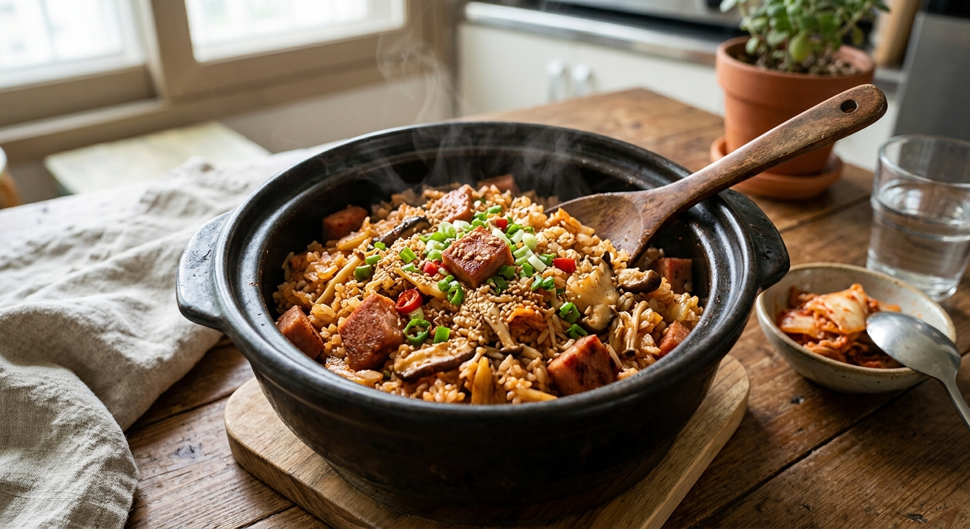 김치와 버섯이 추가된 스팸 밥솥 요리의 변형 버전