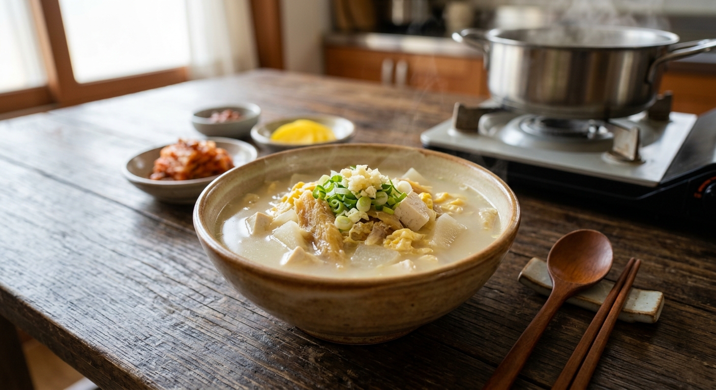 완성된 황태국과 재료들이 함께 놓인 조리 과정 이미지