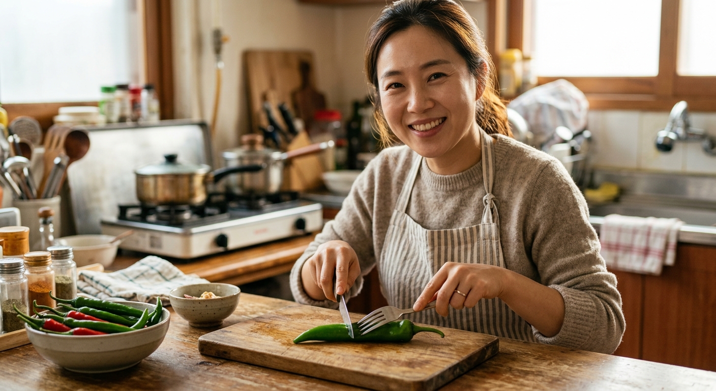 가정집 주방에서 포크를 활용해 여러 채소를 손질하는 모습