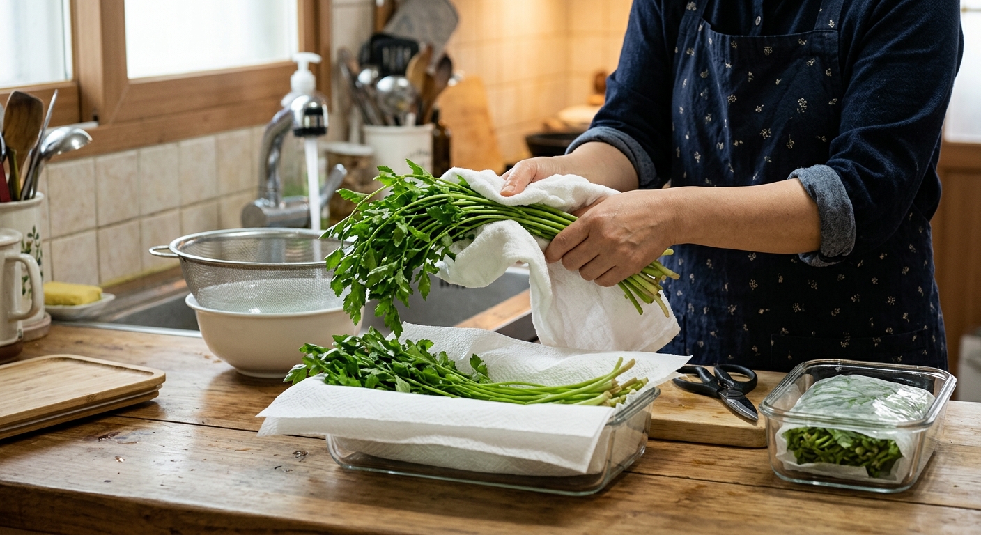 키친타월로 감싸 밀폐용기에 보관한 세척한 미나리
