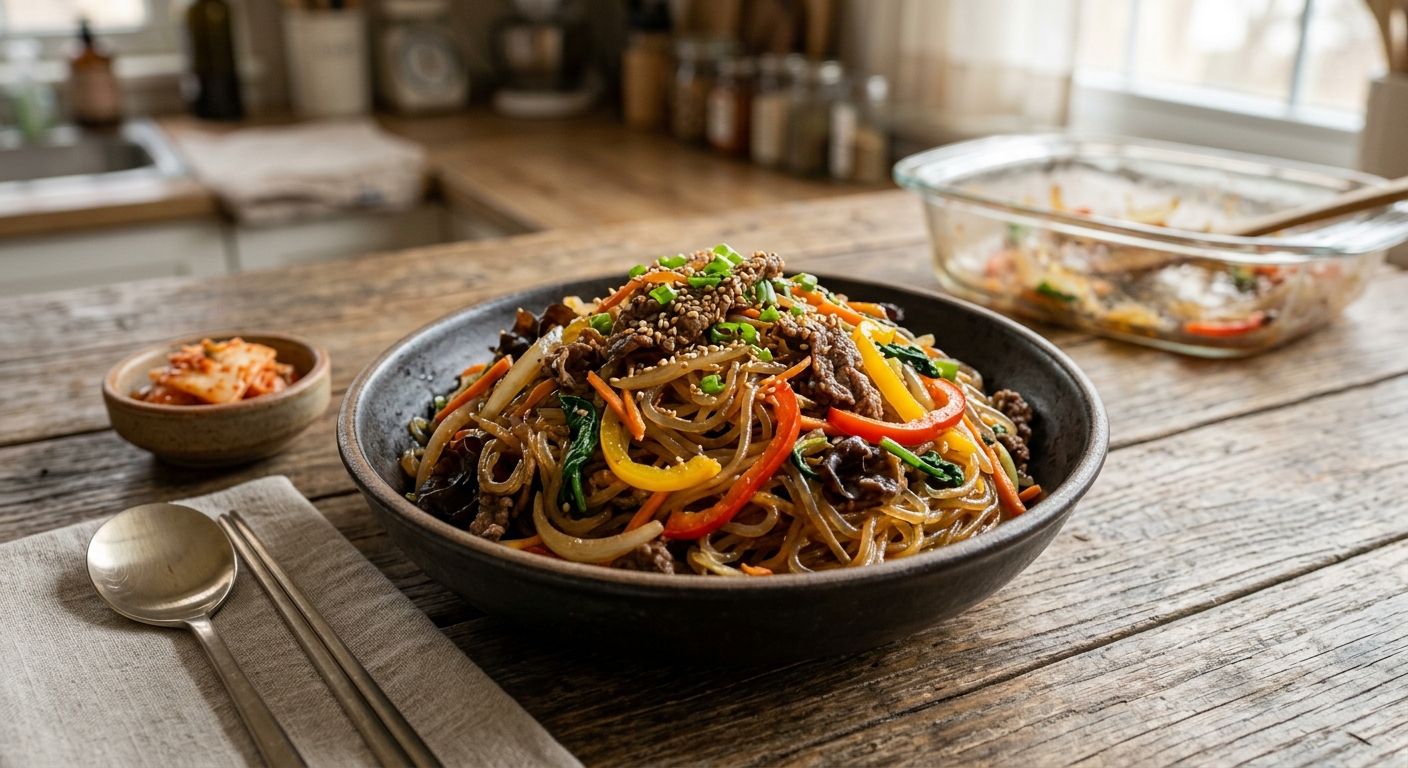 밥상 위 반찬으로 올린 전자레인지 콩나물 잡채 한 접시