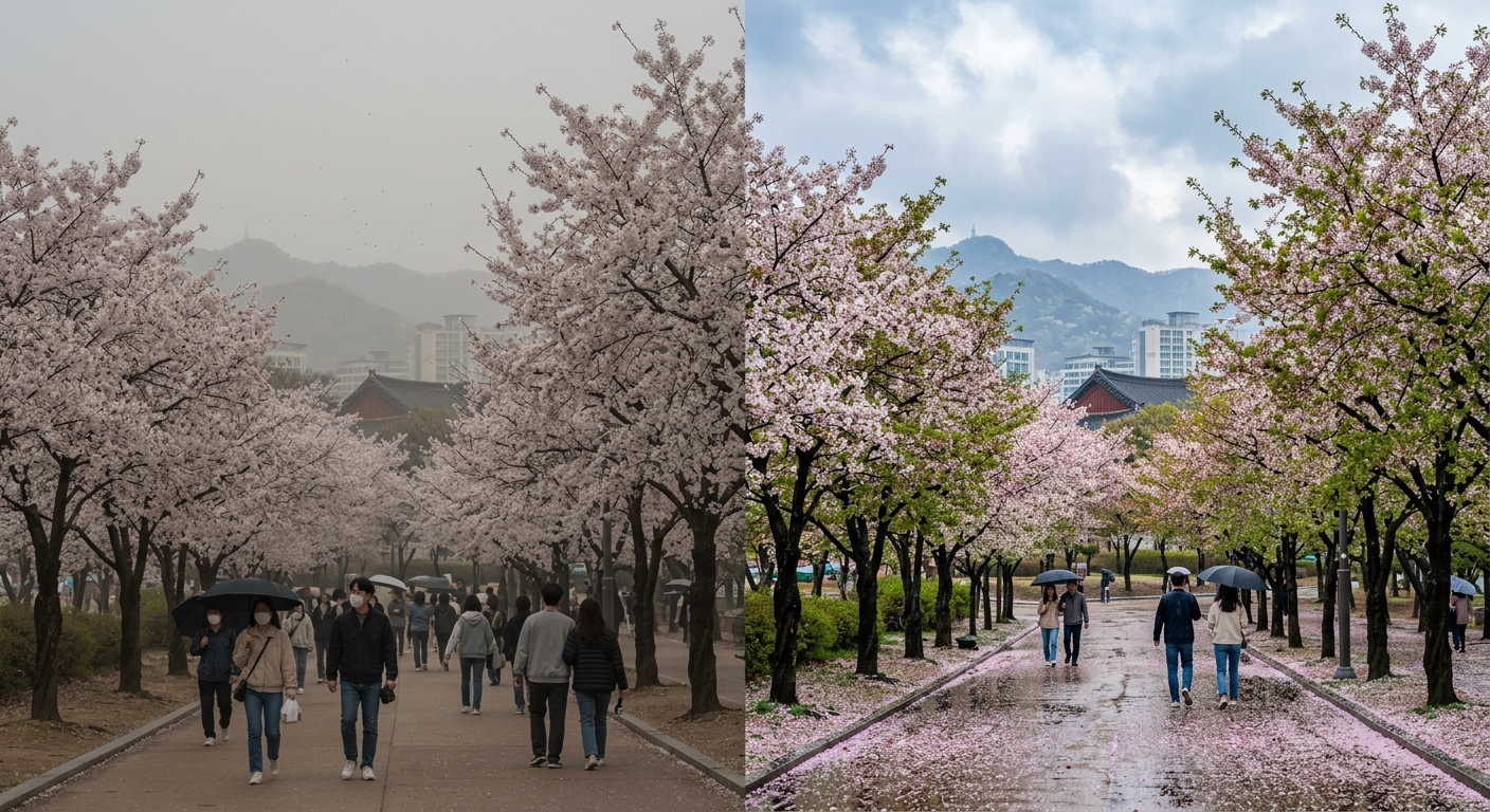 흐린 봄 하늘 아래 미세먼지와 비 예보를 함께 확인하는 장면