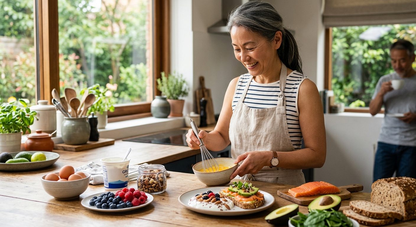 운동화와 노트북, 건강한 아침 식사가 함께 놓인 라이프스타일 장면