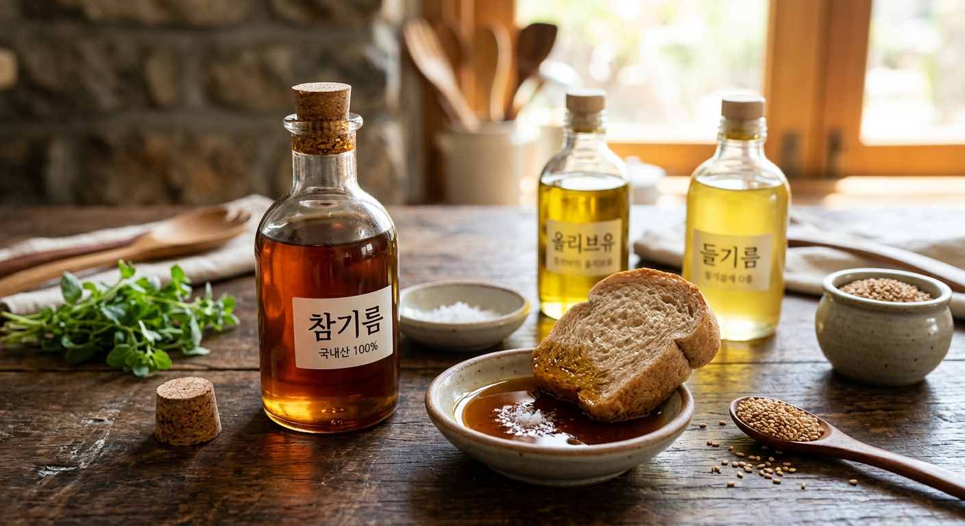 올리브유와 들기름, 참기름이 함께 놓여 비교되는 주방 테이블 장면