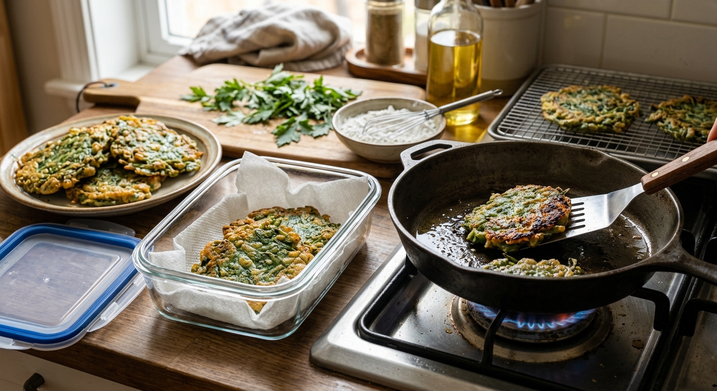 냉장 보관한 쑥전을 프라이팬과 에어프라이어로 재가열하는 모습