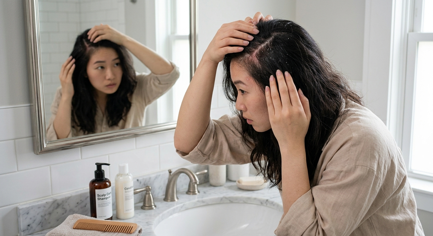 두피 가려움으로 머리를 만지며 불편함을 느끼는 사람의 모습