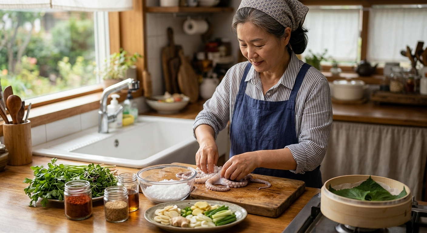 채소와 함께 건강하게 조리한 낙지 요리 이미지