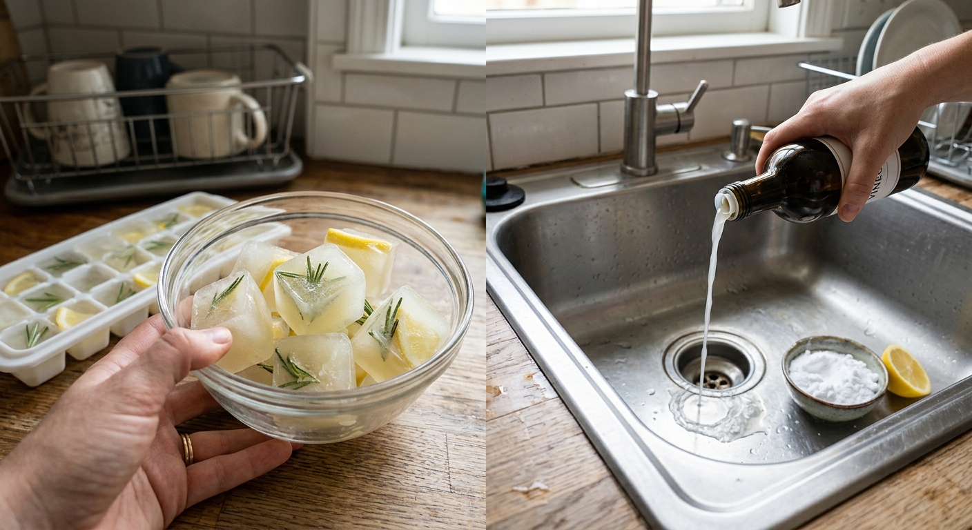 주방과 생활용품 옆에 놓인 식초 병과 청소 도구들