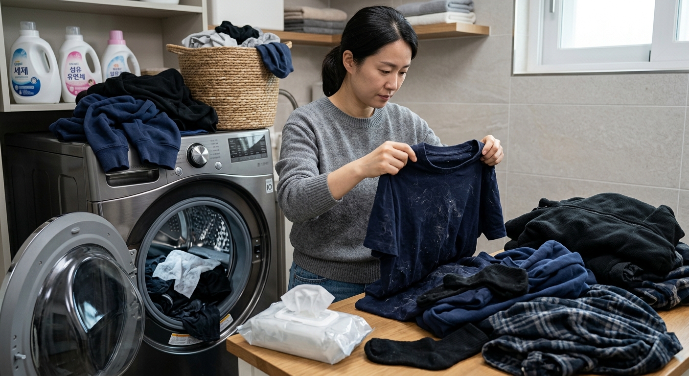 물티슈 2장 세탁법이 잘 맞는 의류와 상황을 보여주는 이미지