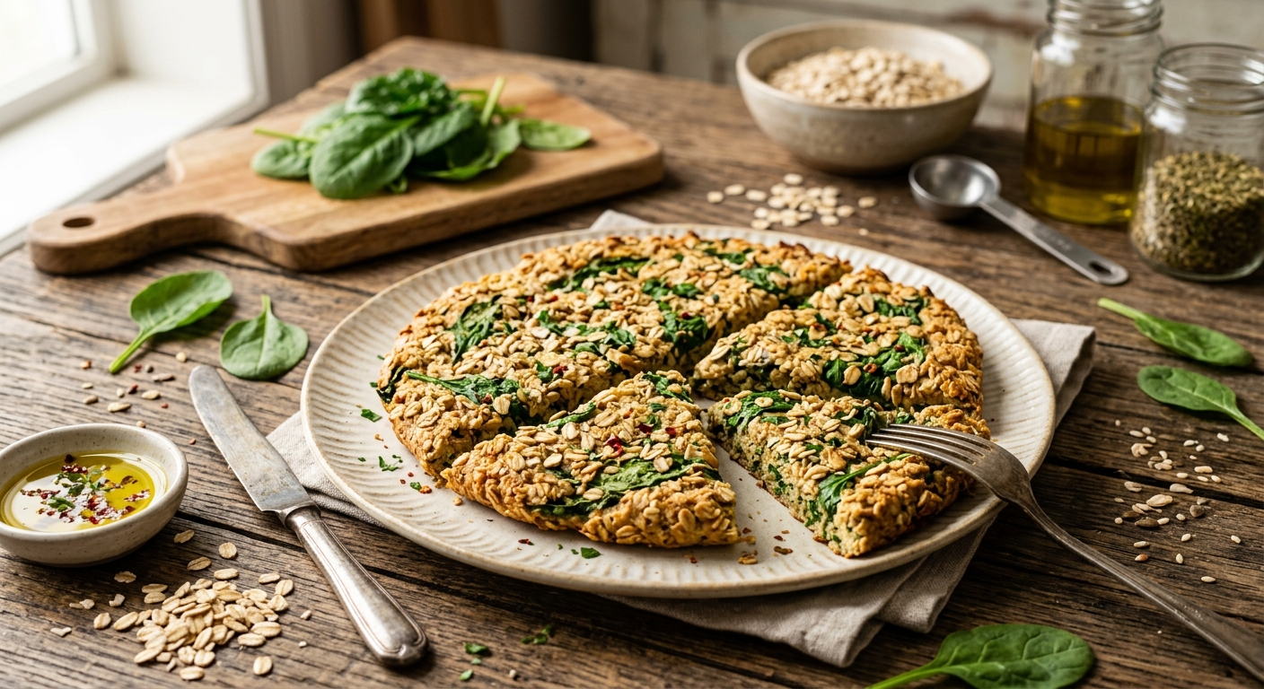 접시에 담긴 시금치 오트밀 플랫브래드를 포크와 함께 먹기 좋게 준비한 모습