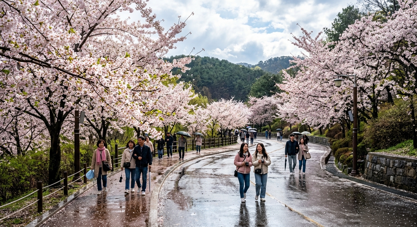 비가 지나간 뒤 젖은 산책로와 떨어진 벚꽃잎이 남아 있는 모습
