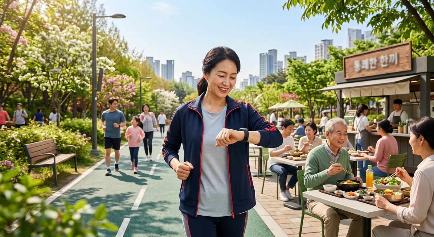 도심 속 일상에서 걷기와 건강한 식사를 실천하는 시민들의 자연스러운 모습