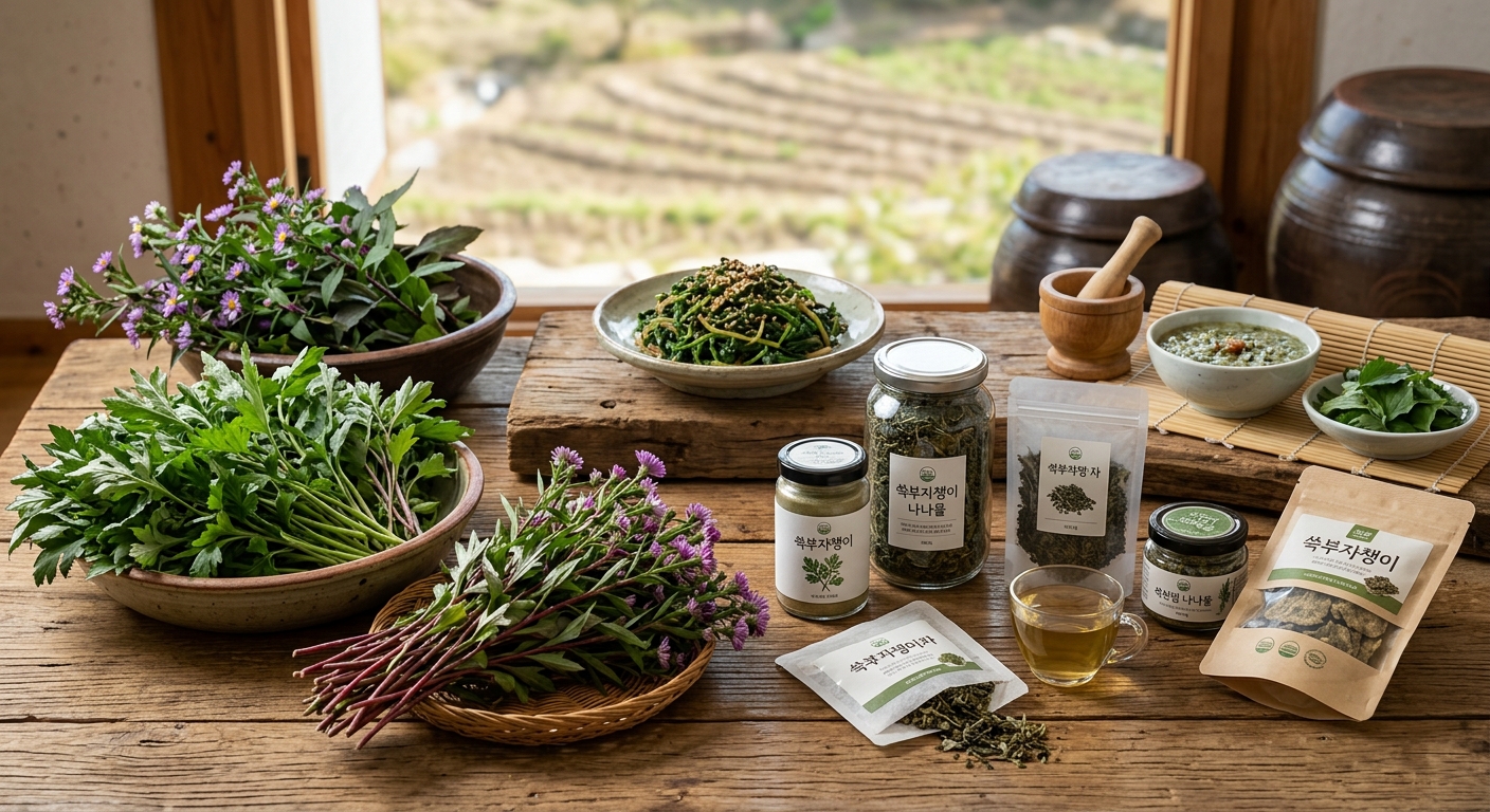 쑥부쟁이를 활용한 건나물과 분말, 차 형태의 가공식품 구성